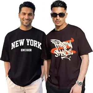 ENCIGER Oversized Printed T Shirt Combo Pack for Men | Cotton Drop Shoulder Graphic Casual Oversize Tshirts
