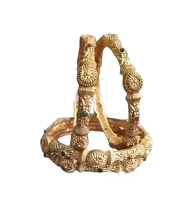 SHUBH jewellers Classical Gold Plated Pearl Rajwadi Gold Polish Gokru Bangles for Women and Girls(Set of four gold-plated bangles embellished with green and red beads) (2.4)