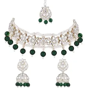 I Jewels Traditional Kundan & Pearl Necklace With Earring Maang Tikka Set For Women (K7299G)