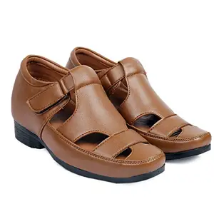 YUVRATO BAXI Men's 3 Inch Hidden Height Increasing Faux Leather Office Wear Elevator Roman Tan Sandal