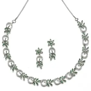 ZENEME Rhodium-Plated American Diamond Studded Leaf & Circular Shaped Necklace With Earrings Jewellery Set For Girls and Women (Green)