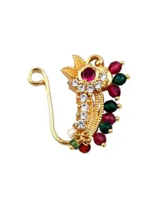 Anuradha Art Jewellery Floral Design Multi-Colour Traditional Maharashtrian Nath Gold Plated Without Piercing Press or Clip on Type Nose Ring Pin for Women.