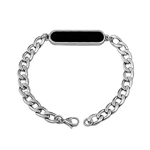 Shiv Jagdamba Unisex Silver & Black Color Cylinder Shape Single Plate Stylish Trending Fashionable Casual Style Daily Use Stainless Steel Friendship Wrist Band Cuff Link Chain Bracelet SBr2024140
