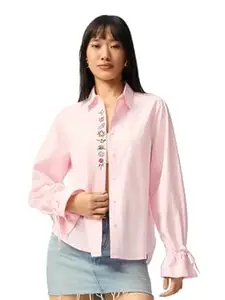 The Souled Store Disney Princess: Royal Edit Women and Girls Full Sleeves Spread Collar Light Pink Embroidered Cotton Regular Fit Tie-Up Cuffs Comfortable Winter Shirt