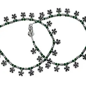 AyA Fashion Green Oxidised German Silver Floral beads Anklet for Women