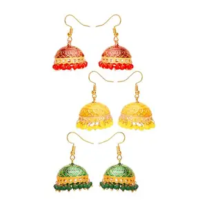 Yellow Chimes Meenakari Jhumka Earrings with Ethnic Design Gold Plated Traditional Beads Combo of 3 pair Jhumki Earrings for Women and Girls