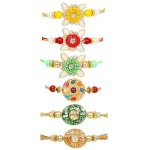 University Trendz Combo of Floral Kundan Rakhi for Men and Brother- Pack of 6