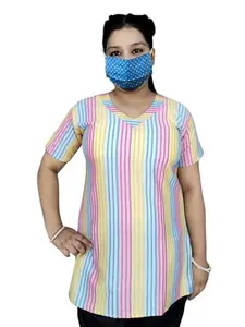Short Kurti Short Sleeves Summer Wear Attractive V-Ncek Multicolour Stripe Stylish Kurti for Women