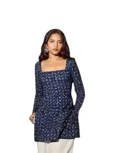 Navy Blue Sequin Tunic Top, Long Sleeve, Square Neckline, Women's