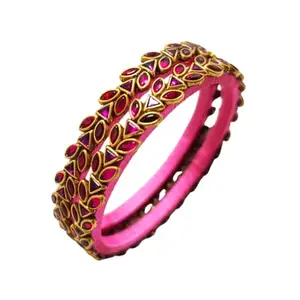 Silk Thread Bangle, Kundan stone work, Green, For Women, Pack of 2 (PINK, 2 * 6)