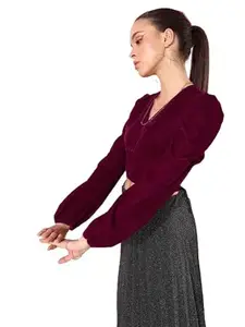 Style Quotient Women Charming Maroon Solid Puff Sleeves Top