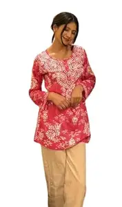 Dil Lakhnavi Chikankari Hand Embroidered Malmal Short Kurti - Pink (in, Alpha, L, Pink-White)