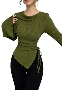 GORBETALI Ribbed Bell Sleeve | Round Neck Slim Fit Stretchable for Casual