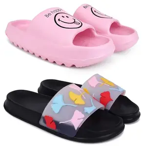Pampy Angel Combo Pack of 2 Slipper/Flip Flops/Slides for Women,(YW-Smil-Pink,Gobi-Black),39 (Euro)