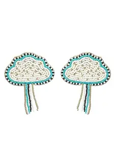 JAZZ AND SIZZLE Blue & White Artificial Beads Studded Cloud Shaped Drop Earrings
