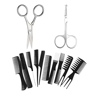 Doberyl® Salon Hair Cut Styling Hairdressing Barbers Combs Brush Set (Black) -10 Pcs,Moustache Hair Cutting Scissor,Nose Scissors(Pack of 12 pcs)