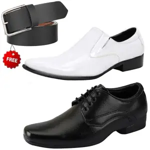 Trendy Formal Shoes/Party Shoes/ 2 Shoes Combo with Free Belt for Men and Boys (BAZAAR8027_VTR-401-Wht) Multicolor