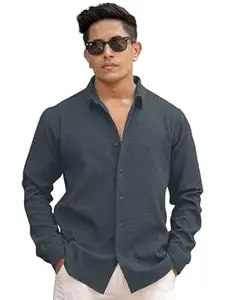 WIZOON Shirt for Man | Men’s Black Textured | Regular Fit | Textured Cotton Blend Casual | Full Sleeves | Spread Collar Western Stylish