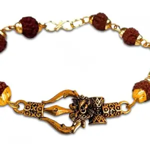 De-Autocare Golden Brown Beads Rudraksha Mala Chain God Shri Lord Ganesha/Ganesh/Ganpati Maharaj Logo With Lord Shiva Trishul Damroo Friendship Hand Cuff Wrist Band Bangle Bracelet With Lock