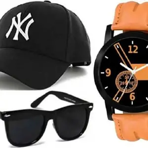 GIFFEMANS GFMN1290 Analog Black Dial Brown Strap Watch with Sunglass and Cap for Boys (Combo of 3)