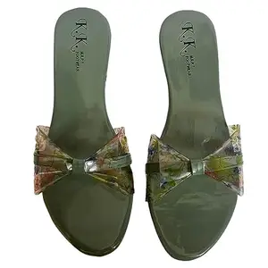 "SHREE BALAJI ENTERPRISES STORES On Bow Design Flat Slippers Stylish and Fashionable | Slipper Casual Wear For Women " (OLIVE, numeric_7)