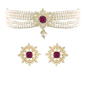 Amazon Brand - Anarva 18K Gold Plated Traditional Cz Crystal With Pearl Choker Necklace Jewellery Set For Women/Girls (Ml261Q Rani Pink)