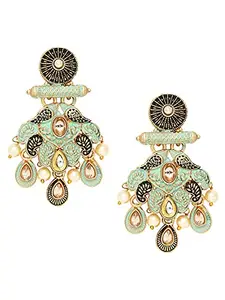 OOMPH Jewellwey Mint Green Meenakari & Kundan Pearls Peacock Large Ethnic Jhumka Earring For Women & Girls