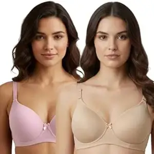 Imsa Moda Women’s Nylon Lycra Padded Non-Wired Full Coverage Everyday Bra | Soft, Comfortable & Supportive | Seamless Regular Wear Bra (Pack of 2)