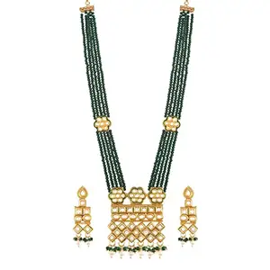 Amazon Brand - Anarva Gold Plated Intricately Designed Traditional Uncut Polki Kundan Brass Necklace Jewellery Set With Earrings Emerald Crystal Onyx Long Mala for Women (ML252G)