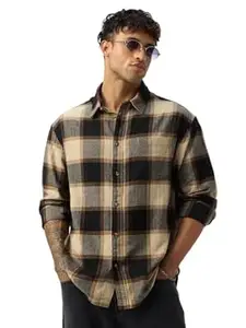 The Souled Store: Sea-Side Men and Boys Long Sleeve Spread Collar Black and Tan Plaid Print Cotton Lightweight Easy to Style Everyday Office Wear Relaxed Shirt