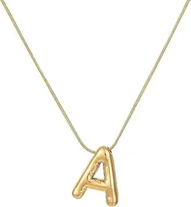 VIEN Bubble Letter Necklace for Women Chunky Balloon Letter Gold Initial Necklaces Gold-plated Plated Stainless Steel Necklace(A)