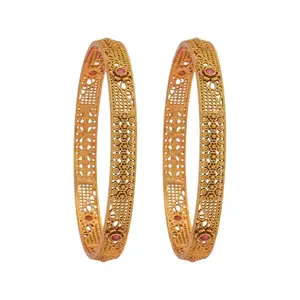 Kushal's Fashion Jewellery Ruby Gold Plated Ethnic Antique Bangles - 422637