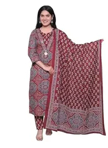 Cotton Printed Kurti Set with Handwork, Printed Pant with Pocket and Dupatta, Traditional Indian Ethnic Wear for Women