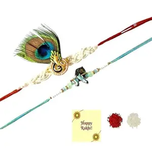 Avanti Creations Ethnic Designer Peacock Feather Rakhi With Roli Tilak With Greetings Card Set Of 2 Rakhi For Beloved Brother