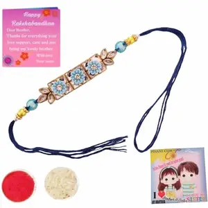 PIHAAT Designer Kundan Flower Rakhi for Bhai Brother Rakshabandhan Greeting Card fridge Magnet Roli Chawal For Bhaiya (Blue)