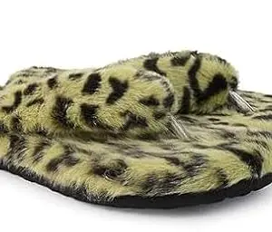 Women’s T-Strap Furry Slippers Indoor House Slippers with Faux Fur Lining Soft Memory Foam Anti-Slip Sole Warm & Stylish Winter Home Shoes (Green-5)