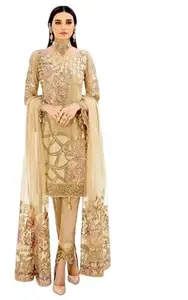 ALFashion ALFashion Women's Georgette Heavy Embroidery Work Suit- semiStich Golden