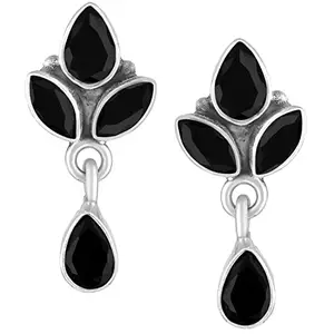 Peora 925 Sterling Silver Diamond Cut CZ Oxidised Finish Anti Tarnish Drop Stud Earrings for Women Girls Stylish Black