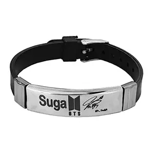 M Men Style Suga BTS Sign Silver And Black Stainlees Steel And Silicone Bracelet For Men And women