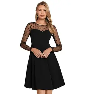 Women's Knitting strachable Solid Round Neck Full Sleeve Dresses (Black, S)-PID56780
