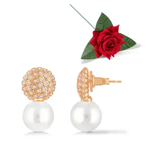 Peora Rose Gold Plated Pearl & CZ Studded Drop Earrings Valentines Gift for Women & Girls with Red Rose