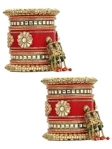 Adwitiya Collection Women Gold Plated Flower Design Stone Studded Red Bridal Chuda With Hangings(2.6)
