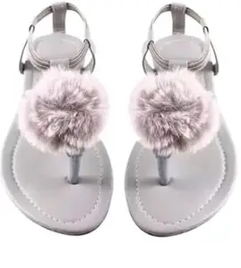 Women's Beautiful Pom-Pom Design TPR Sole Fashionable Flat Thong Sandals for Wedding Party & Festive (Grey-7)