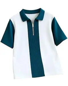 AUSK Men's Textured Vertical Striped Knit Polo T-Shirt | Half Sleeve Zipper Neck Self-Design Casual Tee | Mens Tshirts