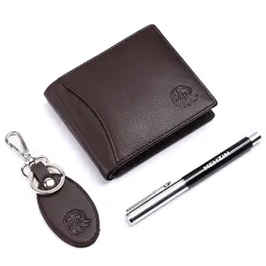 MEHZIN Men Formal Brown Genuine Leather RFID Wallet with Pen & Key-Chain Combo Set (9 Card Slots)