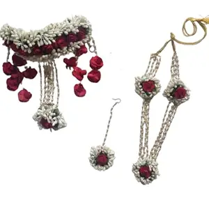 Floral Jewellery Winter Bride White Base And Red Roses Maang Tikka Necklace Haath Phool Kalaree