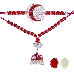I Jewels Designer Bhaiya Bhabhi Lumba Rakhi Bracelet Combo Set With Roli Chawal & Rakshabandhan Card For Unisex Adult (R074R-Co)