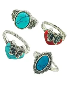 Femmibella Set Of 4 Silver Plated Turquoise Gemstone Studded Rings | Adjustable Finger Ring For Women and Girls