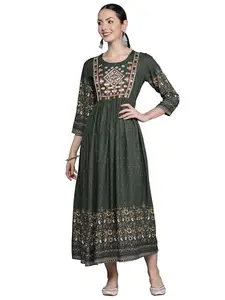 INDO ERA Viscose Rayon Flared Embroidered Dresses for Women (Green_ED5GN7164_Medium)