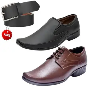 Fashionable Trendy Formal Shoes/Party Shoes/ 2 Shoes Combo with Free Belt for Men and Boys (BAZAAR8207_VTR004-Brwn-2003-Bdr) Multicolor